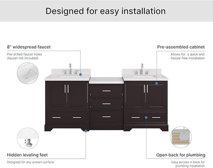 ARIEL Stafford 84-inch Bathroom Vanity with Sink,Solid Wood, 1.5in Pure White Quartz Countertop & Backsplash, Double Rectangular Porcelain Sink, 4 Soft Closing Doors, 5 Dovetail Drawers, Espresso