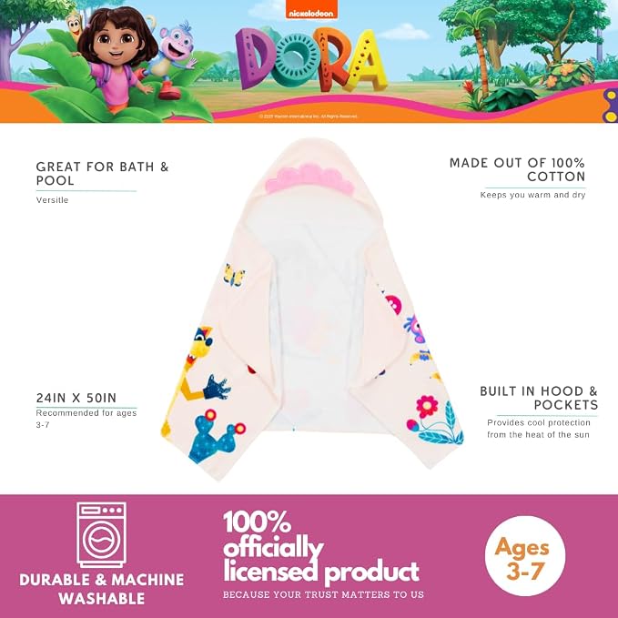 Dora The Explorer Kids Super Soft Bath/Pool/Beach Soft Cotton Terry Hooded Towel Wrap, 24 in x 50 in, (Officially Licensed Product) by Franco