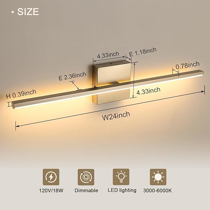 Modern Bathroom Vanity Light 24 Inch, 18W Brushed Nickel Bathroom Light Fixture Over Mirror, Dimmable 5CCT LED Wall Sconce Lighting for Restr