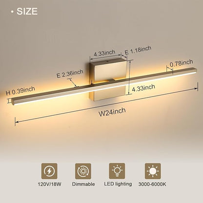 Modern Bathroom Vanity Light 24 Inch, 18W Brushed Nickel Bathroom Light Fixture Over Mirror, Dimmable 5CCT LED Wall Sconce Lighting for Restr