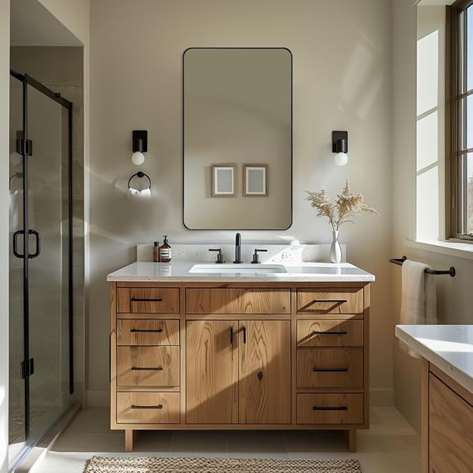 Black Bathroom Mirror, 24”x40” Rounded Corner Rectangle Mirror, Modern Metal Frame Bathroom Vanity Mirror(Matte Black Finish)