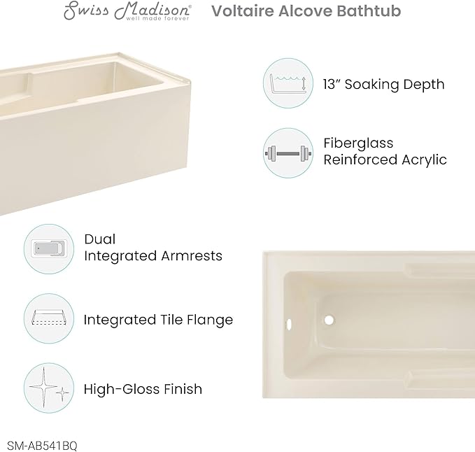 Voltaire 60" x 30" Left-Hand Drain Alcove Bathtub with Apron in Bisque