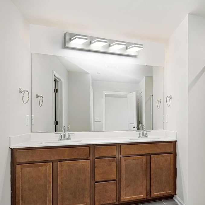 SineRise LED Modern Bathroom Vanity Light Fixtures, Modern Acrylic Bathroom Wall Lighting Fixtures Over Mirror, 4-Light, 30-Inch, White, 100%-0% White