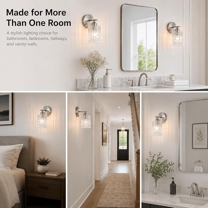 2-Pack Nickel Crystal Bathroom Vanity Lights, 1-Light Wall Sconce Fixture for Over Mirror, Modern Wall Mount for Bathroom, Bedroom, Hallway