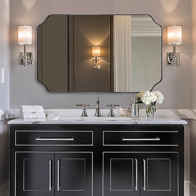 30x48 Inch Chrome Mirror, Large Polished Chrome Rectangle Mirror, Scalloped Edge Design with Anti-Rust Stainless Steel Metal Thin Frame Deep 1’’, Wall-Mount Vertically or Horizontally