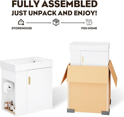 phiestina 20 Inch White Floating Small Bathroom Vanity, Pre-Assembled Wall-Mounted Cabinet with Sink, Left Side Storage, Soft-Close Door, Modern Space-Saving Design, No Faucet, BV07-20-WHITE-PLUS