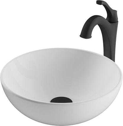 KRAUS Elavo 14-inch Round White Porcelain Ceramic Bathroom Vessel Sink and Matte Black Arlo Faucet Combo Set with Pop-Up Drain, C-KCV-341-1200MB
