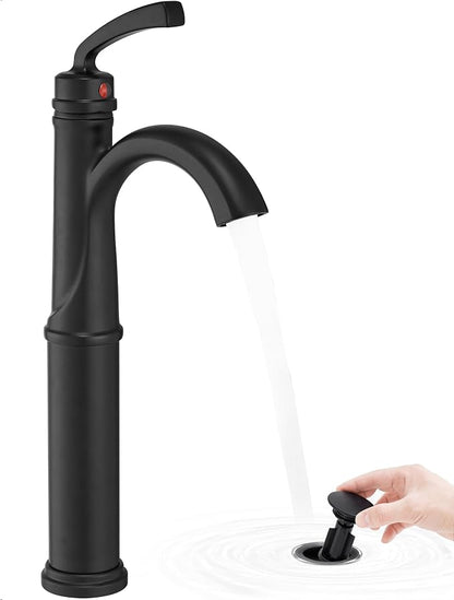 Tall Bathroom Faucet Single Hole, Brass Vessel Sink Faucet Black with 1 Handle, Arched Aerator Spout, Pop Up Drain & Pre-Installed cUPC Water Hoses for Modern Style Bowl Sink, 5 Mins Install