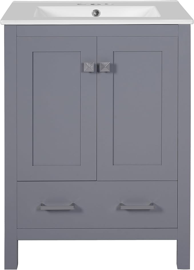 Favfurish 48" Bathroom Vanity with Ceramic Double Sink, Undermount Double Basin Vanity Set w/2 Divided Drawers and 4 Double-Layer Soft Close Doors & Built-in Shelf, Freestanding Storage Cabinet,Gray