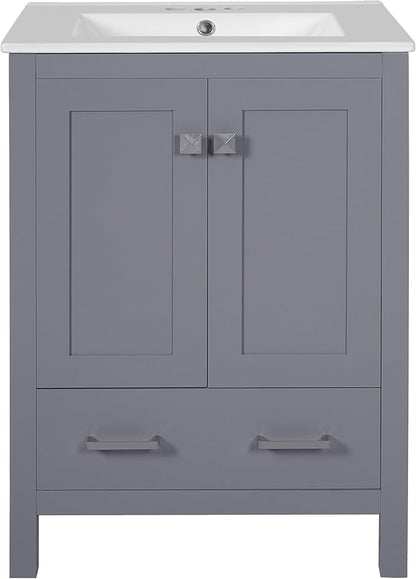 Favfurish 48" Bathroom Vanity with Ceramic Double Sink, Undermount Double Basin Vanity Set w/2 Divided Drawers and 4 Double-Layer Soft Close Doors & Built-in Shelf, Freestanding Storage Cabinet,Gray
