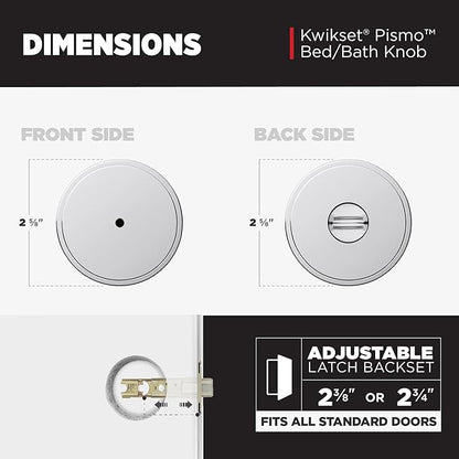 Kwikset Pismo Interior Privacy Door Knob with Lock, Door Handle For Bathroom and Bedroom, Polished Chrome Keyless Turn Lock Doorknob