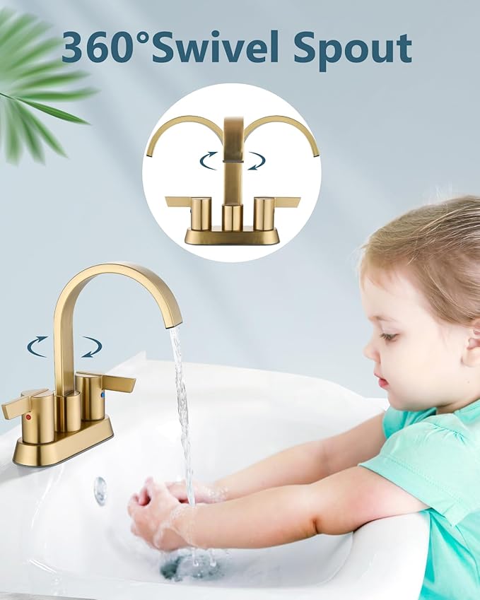 Aolemi Bathroom Faucets for Sink 3 Hole,4 Inch Centerset Waterfall Faucet 2 Handle for Bathroom Sink with Pop-Up Drain and Supply Lines Brush Gold