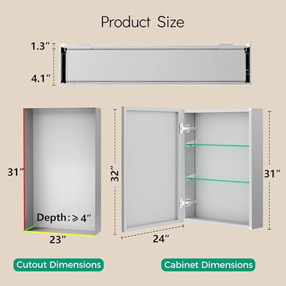 24 x 32 Medicine Cabinet Mirror, Mount or Recessed Bathroom Mirror with Storage, Aluminum Framed Medicine Cabinet with Adjustable Shelves for Bathroom Vanity Modern Farmhouse