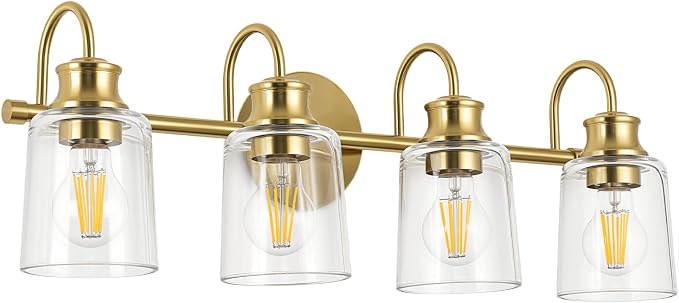 4 Lights Bathroom Light Fixtures Modern Gold Vanity Lights | ETL Certificate, Easy to Install,Wall Mount Up or Down,Thickened Glass Lampshade,E26 Socket,Hardwired