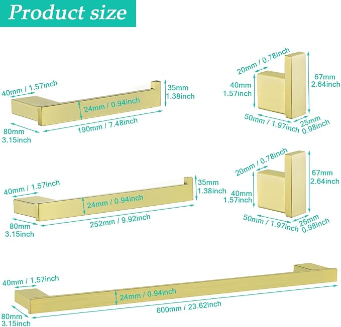 5-Pieces Brushed Gold Bathroom Accessories Set, Stainless Steel Bathroom Hardware Set, 23.6 Inch Bath Towel Bar Set, Towel Hooks,Towel Racks for Bathroom Wall Mounted,SE96009S-5BG