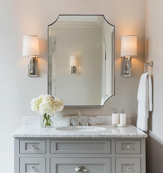 22"x30" Chrome Mirror, Scalloped Bathroom Mirror | Polished Chrome Finish, Anti-Rust Stainless Steel Thin Frame Deep 1'', Unique Scalloped Edge Design, Ideal for Bath Remodel