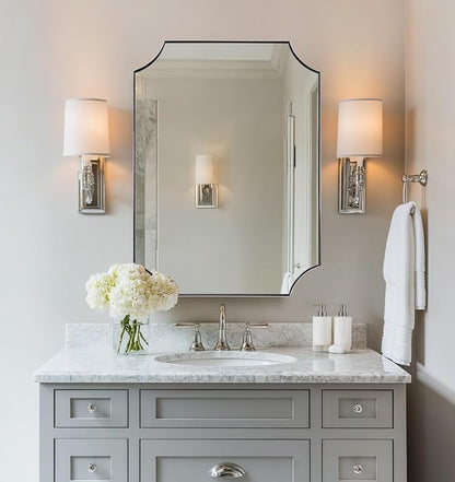 22"x30" Chrome Mirror, Scalloped Bathroom Mirror | Polished Chrome Finish, Anti-Rust Stainless Steel Thin Frame Deep 1'', Unique Scalloped Edge Design, Ideal for Bath Remodel