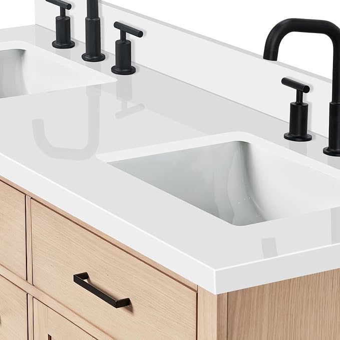 ARIEL Hepburn 60-inch Bathroom Vanity with Sink,Solid Wood, 1.5-inch Pure White Quartz Countertop, Double Rectangular Porcelain Sink, 4 Soft Closing Doors, 6 Dovetail Drawers, White Oak