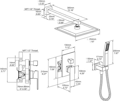 Shower System 10 Inches Rain Shower Combo Set Black Wall Mount Faucet Bathroom Faucets with Rainfall Shower Head and Hand Shower