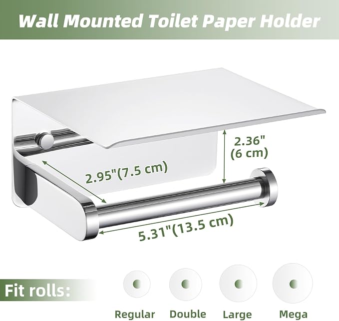Polished Chrome Toilet Paper Holder with Phone Shelf, Wall Mounted | Sturdy 304 Stainless Steel, Fits Bathroom, Restroom, Powder Room, Heavy Duty Paper Roll & Tablet Storage Tissue Dispenser