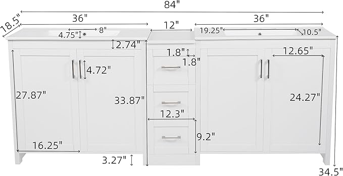 Merax 84 Inch Double Sink Bathroom Vanity with Quartz Countertop & Ceramic Basins, Bathroom Sink Vanity with Large Storage, Adjustable Shelves, 3 Drawers, Soft Close Hinges, Silver Handles, White