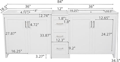 Merax 84 Inch Double Sink Bathroom Vanity with Quartz Countertop & Ceramic Basins, Bathroom Sink Vanity with Large Storage, Adjustable Shelves, 3 Drawers, Soft Close Hinges, Silver Handles, White