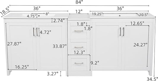 Merax 84 Inch Double Sink Bathroom Vanity with Quartz Countertop & Ceramic Basins, Bathroom Sink Vanity with Large Storage, Adjustable Shelves, 3 Drawers, Soft Close Hinges, Silver Handles, White