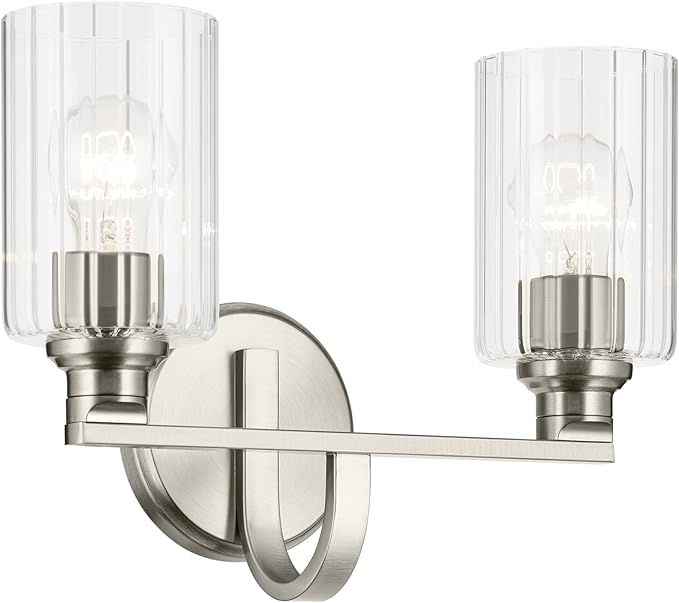 Kichler Gioe 14.25" 2-Light Vanity Light with Clear Fluted Glass in Brushed Nickel, Damp Rated, for Bathroom, Powder Room, Over a Mirror, (14.25" W x 10.5" H), 55225NIFLU