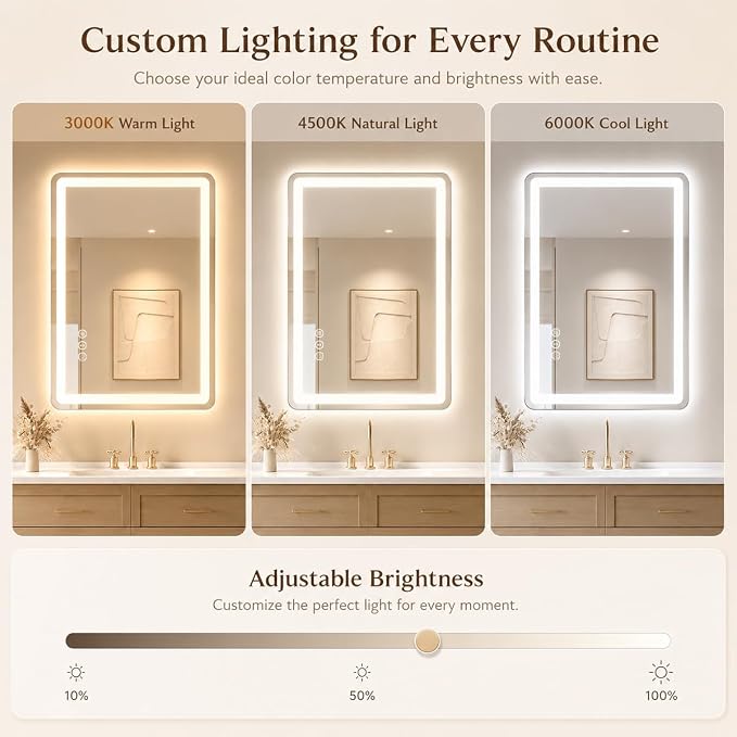 24x32 LED Lighted Bathroom Mirror for Vanity | Front Lights and Backlit, Rounded-Corner Rectangle, 3 Colors, Dimmable, Anti-Fog, Memory, Tempered Glass, UL