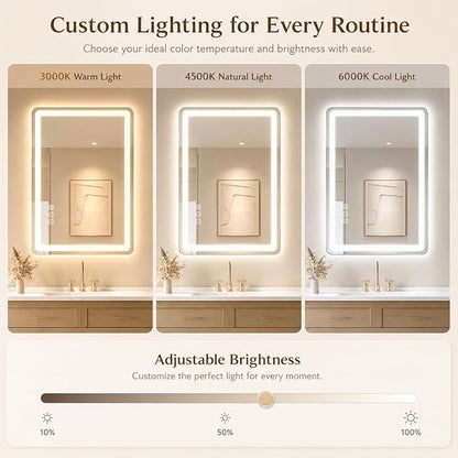 24x32 LED Lighted Bathroom Mirror for Vanity | Front Lights and Backlit, Rounded-Corner Rectangle, 3 Colors, Dimmable, Anti-Fog, Memory, Tempered Glass, UL
