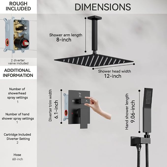 Shower System Shower Faucet Set, STARBATH 12" Ceiling Mount Rain Shower Head and Handheld Spray for Two Person, Rainfall Shower System with Diverter Valve and Trim Kit Complete，Matte Black