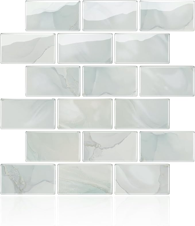 Peel and Stick Subway Tile 10-Sheet Kitchen Wall Backsplash White Blue Marble Tile Heat Resistant Self-Adhesive 12''x12'' Waterproof Glossy Wall Panel Vinyl for Bathroom Living Room Renter