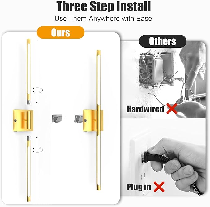 Battery Operated Wall Sconces Set of 2 Rechargeable LED Wall Lights, Dimmable 3000K-6500K, Battery Sconces Wall Decor for Bedroom Living Room Hallwayated Wall Sconce （2 Pack） (Gold, 28 INCH)