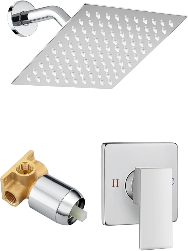 Shower Faucet Set, 8 Inch Square Wall Mounted Rainfall Shower Head with Rough-in Valve Body, Modern Bathroom Shower Trim Kit, Stainless Steel Single Function RV Shower System (Chrome)