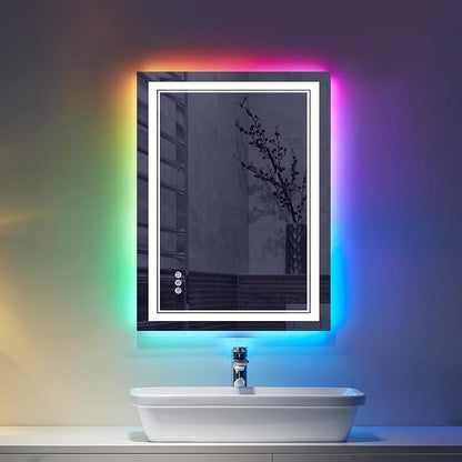 24x32 Inch RGB LED Bathroom Mirror with Lights | Front and RGB Backlit, Dimmable, Memory, Anti Fog, Shatterproof, Horizontal/Vertical, Lighted Mirrors for Bathroom Wall