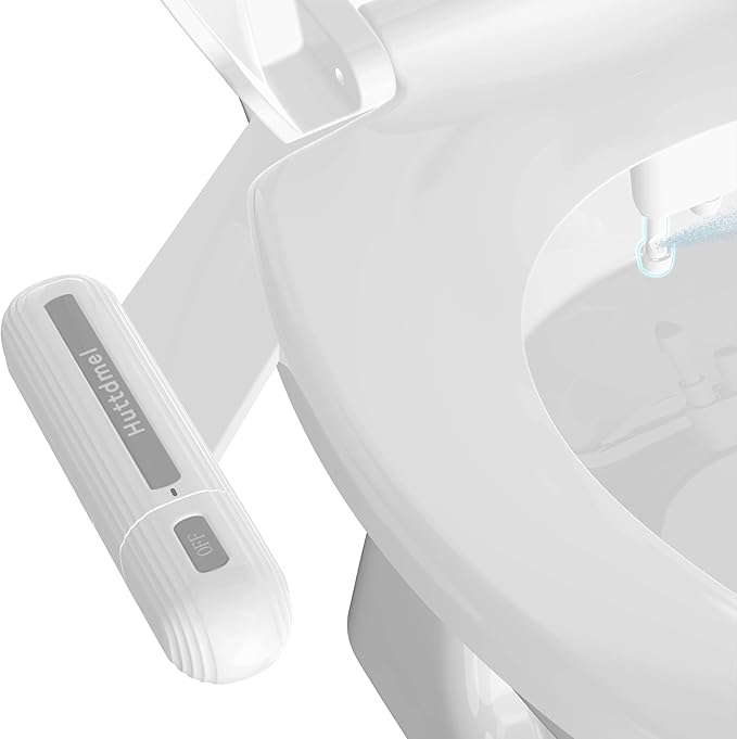 Huttdmel Ultra-Slim Bidet Attachment for Toilet, Non-Electric Dual Nozzle (Rear & Feminine Wash), Adjustable Water Pressure, Easy to Install, Fits Most Toilets, Stainless Steel Hose, Grey & White