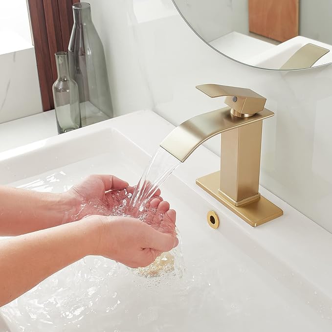 BWE Bathroom Vessel Faucet, Brushed Gold Waterfall Faucet with Pop-up Drain and Water Lines for Vanity Sink, Stainless Steel Construction