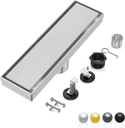 DLONE® Linear Shower Drain - 12 Inch Brushed Nickel, with Tile Insert Panel | AISI 304 Stainless Steel Linear Drain, Rectangle Shower Floor Drain, with Adjustable Feet, Fits Bathroom & Balcony etc