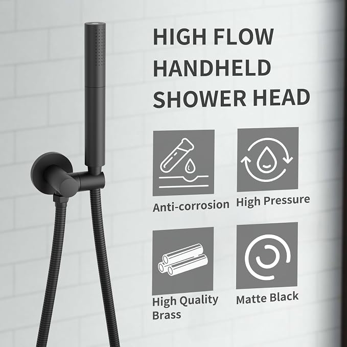 Black Shower Wand Brass Handheld Shower 7 Inch High Pressure Hand Held Shower Head High Flow Sprayer, 2 In 1 Function with 59 inch Hose, Bracket