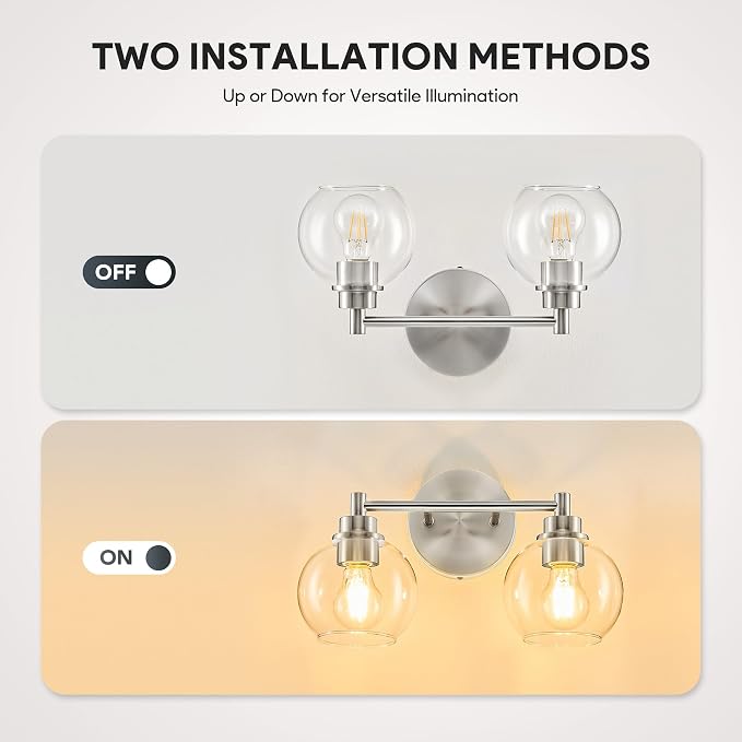 VONLUCE 2 Light Bathroom Vanity Light Fixtures, Brushed Nickel Finish | Globe Glass Shades, E26 Sockets, Easy to install, ETL Certificated, Vanity Lights for Bedroom Hallway Living Room