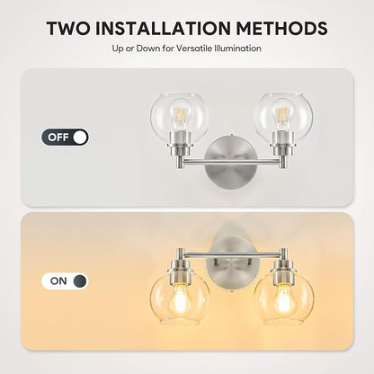 VONLUCE 2 Light Bathroom Vanity Light Fixtures, Brushed Nickel Finish | Globe Glass Shades, E26 Sockets, Easy to install, ETL Certificated, Vanity Lights for Bedroom Hallway Living Room