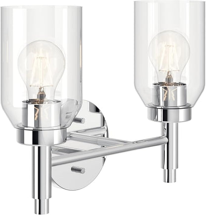 Kichler Madden 2-Light Vanity with Clear Glass in Chrome, Sloped Ceiling Compatible, for Single or Double Vanity in Bathroom (10.5" x 14.25"), 55184CH