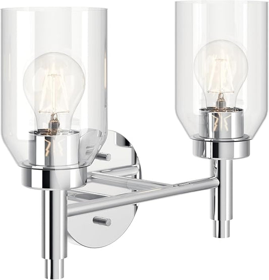 Kichler Madden 2-Light Vanity with Clear Glass in Chrome, Sloped Ceiling Compatible, for Single or Double Vanity in Bathroom (10.5" x 14.25"), 55184CH