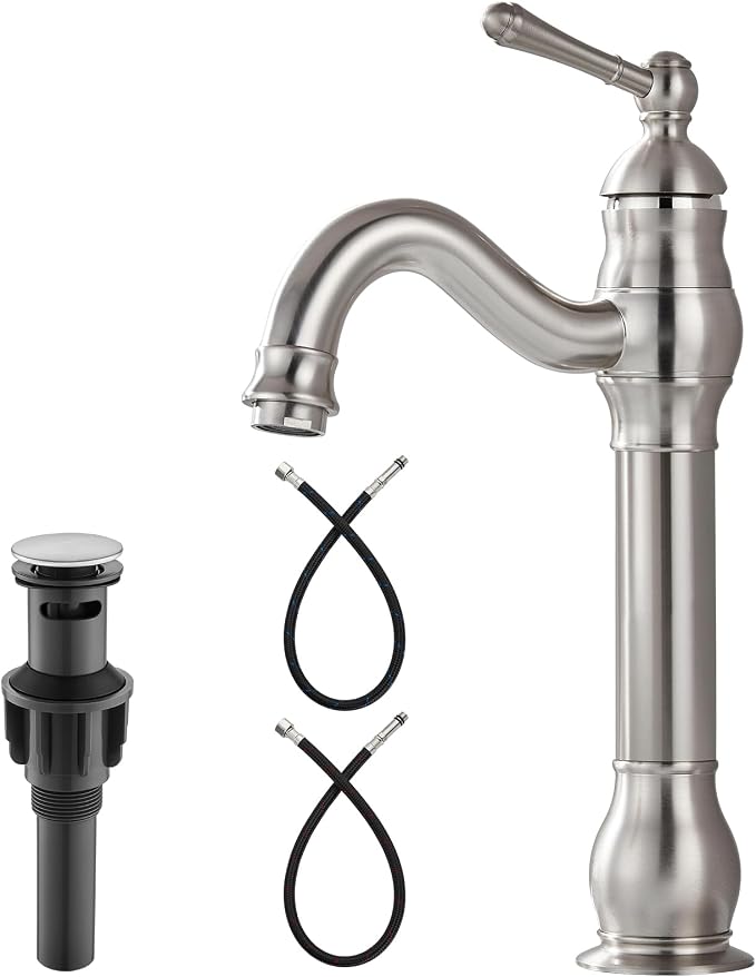 Heyalan Tall Vessel Sink Faucet, Single Handle 1-Hole,Brushed Nickel | SUS304 stainless steel, 360° swivel spout, includes pop-up drain & hoses, deck mount 1-hole, tall design for vessel sink
