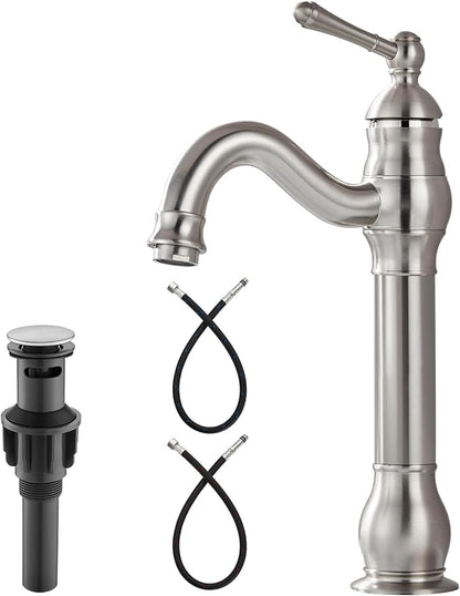 Heyalan Tall Vessel Sink Faucet, Single Handle 1-Hole,Brushed Nickel | SUS304 stainless steel, 360° swivel spout, includes pop-up drain & hoses, deck mount 1-hole, tall design for vessel sink
