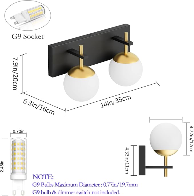 Ralbay 2-Light Black and Gold Vanity Lights Mid Century Modern Bathroom Wall Lighting Milky Glass Globe Black Gold Vanity Light for Bathroom