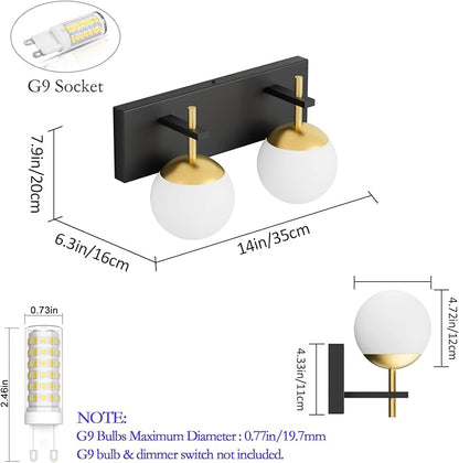Ralbay 2-Light Black and Gold Vanity Lights Mid Century Modern Bathroom Wall Lighting Milky Glass Globe Black Gold Vanity Light for Bathroom
