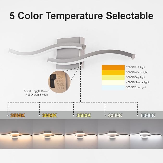 23.62 inch Brushed Nickel LED Vanity Light, 5CCT Dimmable Bathroom Light Fixture Over Mirror, Modern Curved Wall Lamp 2500K-5500K for Bathroom Lighting