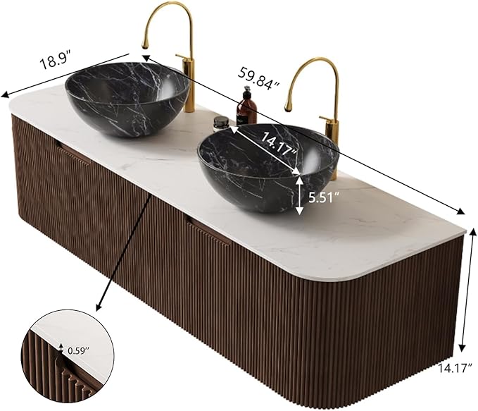Yayzy 60" Floating Bathroom Vanity with Sink, Solid Wood Fluted Cabinet, White Marble-Patterned Ceramic Basin & Faux Marble Top, Soft-Close Drawer, Pre-Assembled, Walnut Woodgrain
