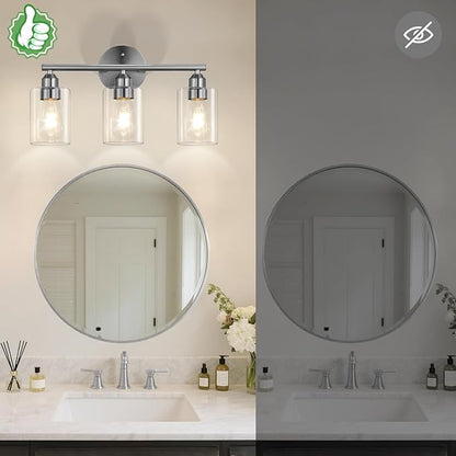 3-Light Bathroom Vanity Light Fixture, Modern Wall Lamp for Mirror with Clear Glass Shade, Silver Finish
